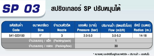 ตาราง SP 03 หัวสปริงเกลอร์ SP (3 หัวฉีด)